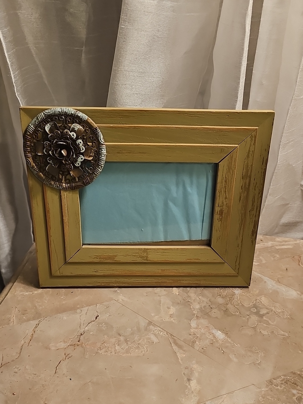 Decorative Rustic  Green Turquoise  Wood Photo Frame with Floral Accent New